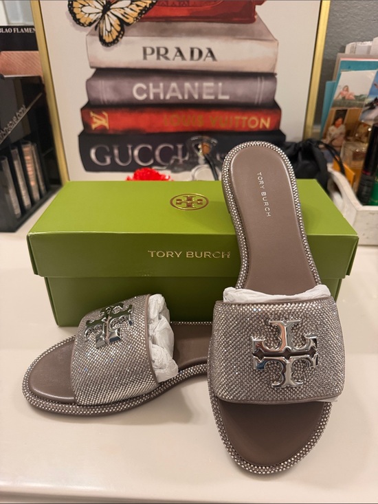 Tory Burch Shoes - New Tory Burch Silver Metallic Logo Slide